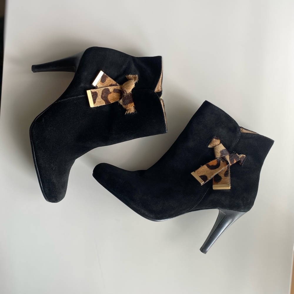 TALBOTS Black Suede Booties with Pony Hair Bows Size  8.5 B